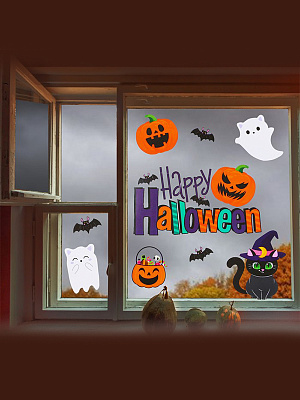 Интерьерные наклейки «Happy Halloween», котики. Разноцветный