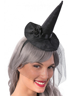 Шляпка "Ведьма" на ободке с вуалью Черный