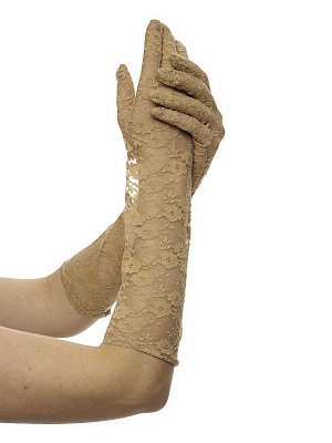 Перчатки из кружева, размер 5-7, длина  среднего пальца 7 см, длина перчатки 38 см. Бежевый