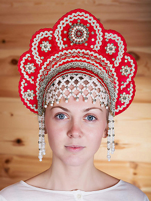 Кокошник Елена Красный-Серебряный