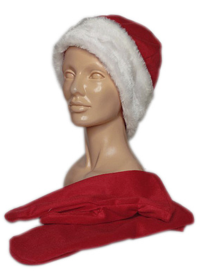 Комплект "Дед Мороз" из велюра, меха коротковорсового (шапка, варежки) Красный-Белый