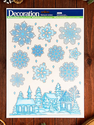 Наклейки на окна "Новогодние" снежинки, домики, 41 х 29 см    Синий-Серебряный